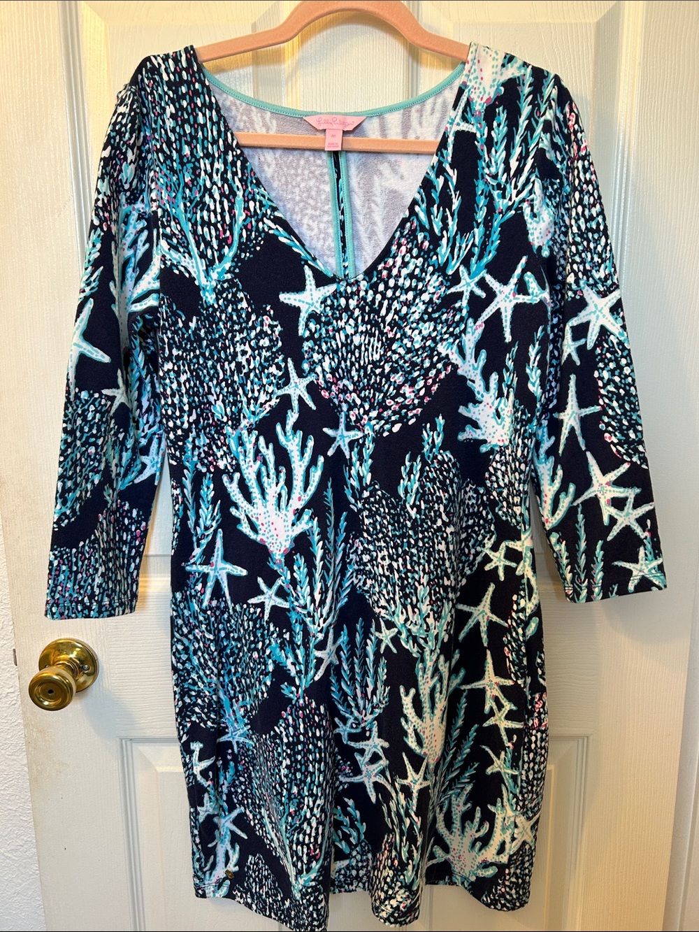 Lilly Pulitzer Clarke Dress Good Reed Blue Coral And Starfish Pattern Medium View 2